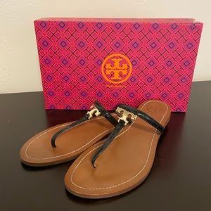 Tory Burch T-Logo Sandals, Black, size 9